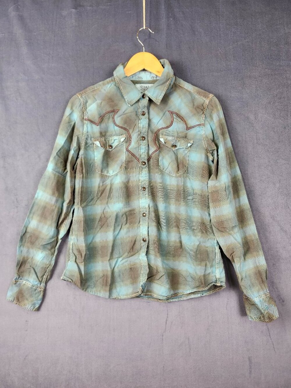 Ryan Michael Silk Blend Blue Brown Plaid Western Snap Front Shirt Embroidered L